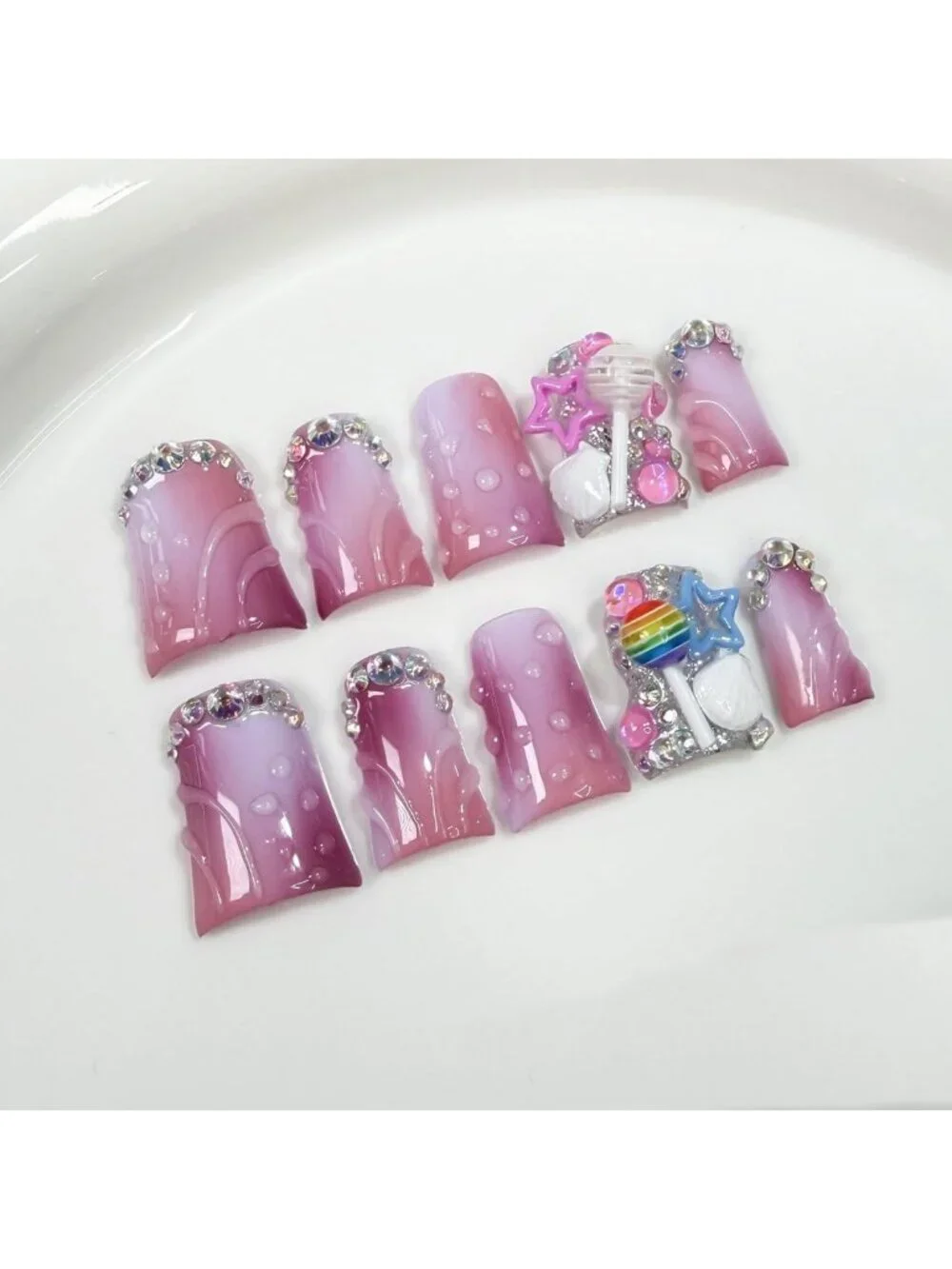Handmade Short Press-On Nails with 3D Lollipop & Star Designs, Pink White